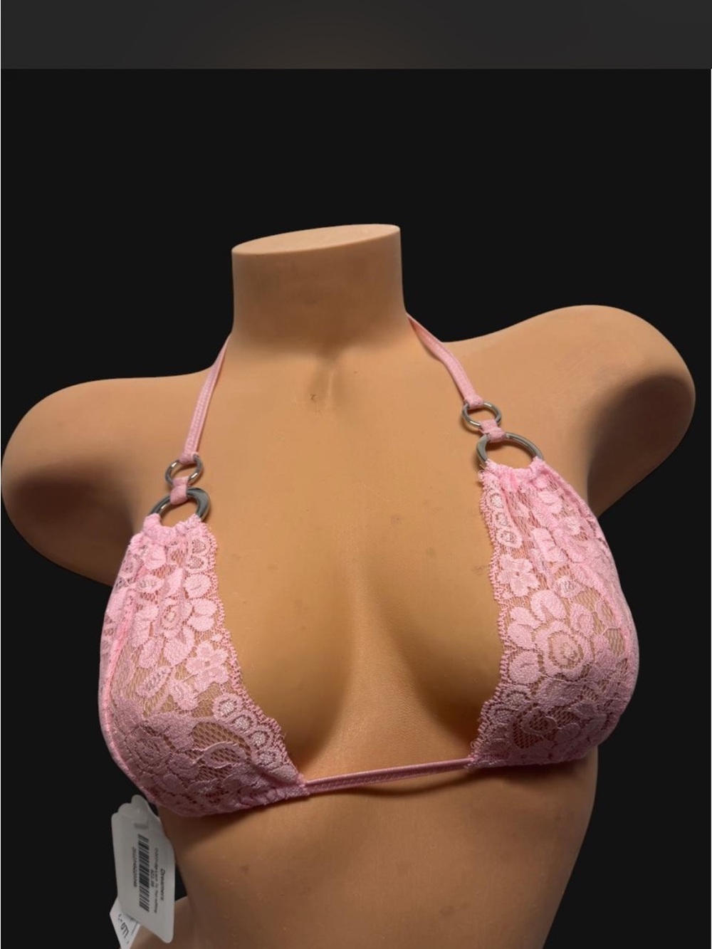 Dreamers Pink Lace Halter Triangle Bralette with Ring Accents